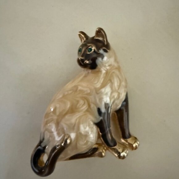 Vintage Cat Brooch enamel Green Rhinestone Eyes - Picture 1 of 2